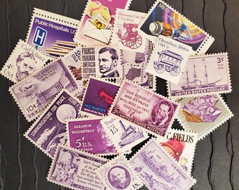50 US Vintage Postage Stamps .. Shades of  PURPLE .. curated collection .. UNUSED