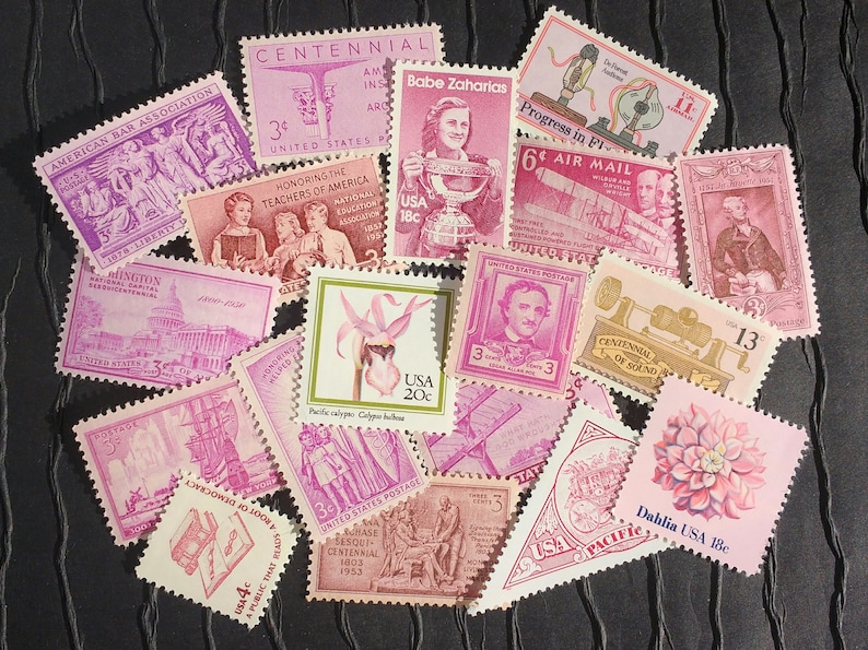 20 US Vintage Postage Stamps .. Shades of PINK .. curated collection .. UNUSED image 1