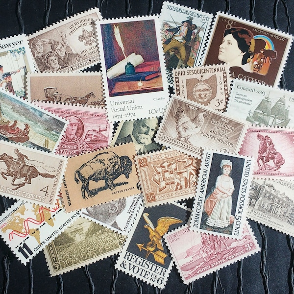 20 US Vintage Postage Stamps .. Shades of SEPIA .. curated collection .. UNUSED