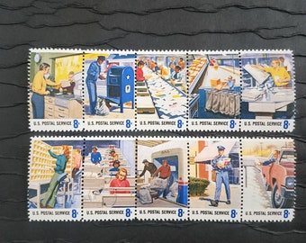 10 Vintage Postage Stamps .. Postal Service Employees 8cent stamps .. UNUSED .. #1489-98 setenant set