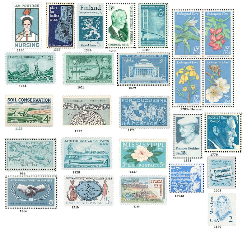 50 Vintage Postage Stamps .. Shades of TEAL .. curated collection .. UNUSED image 2