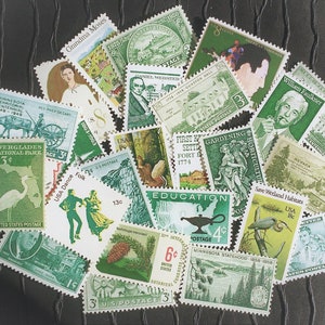 20 Vintage Stamps .. Shades of GREEN US.. curated collection .. unused image 1