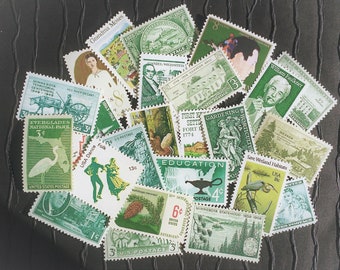 50 Vintage Stamps .. Shades of GREEN (US) .. curated collection .. unused