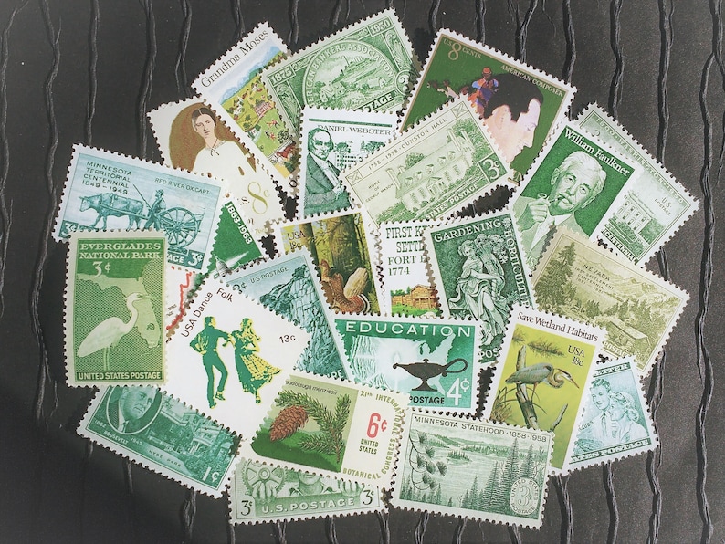 20 Vintage Stamps .. Shades of GREEN US.. curated collection .. unused image 1