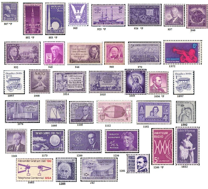 20 Vintage Stamps .. Shades of PURPLE US .. curated collection .. UNused image 2