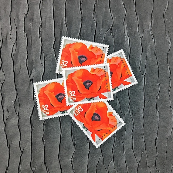 10 Vintage Postage Stamps .. O'Keeffe's Red Poppy 32cent stamps ..  UNUSED .. #3069
