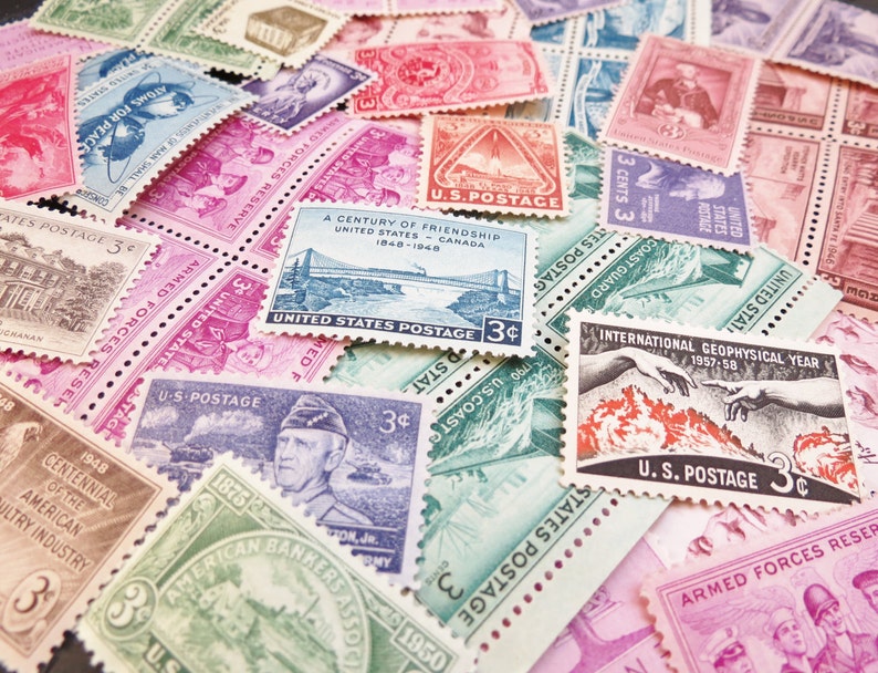 Vintage Postage Stamps .. 3 cent extra postage .. curated collection .. UNused .. 50 stamps image 1