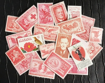 50 Vintage Postage Stamps .. Shades of RED .. curated collection .. UNUSED