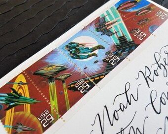 5 Vintage Postage Stamps .. Space Fantasy 29cent stamps .. UNused .. #2741+ setenant set