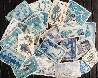 200 Vintage Stamps .. Shades of  BLUE (US) .. curated collection .. unused