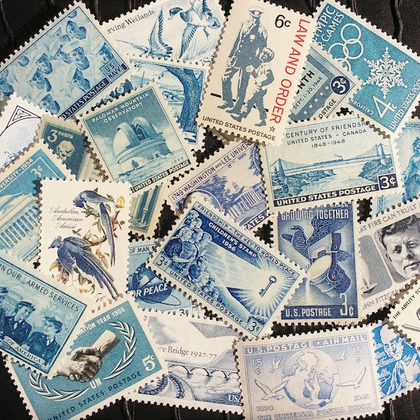 20 Vintage Postage Stamps .. Shades of  BLUE .. curated collection .. UNUSED