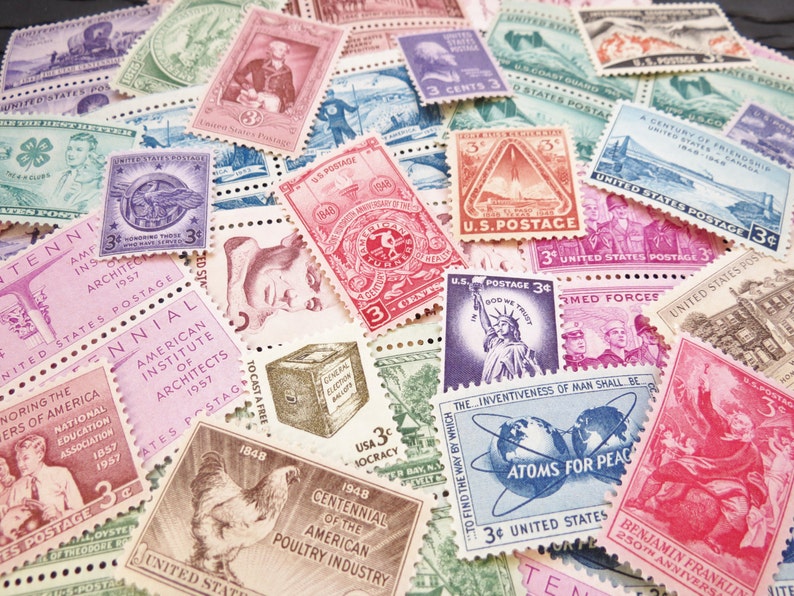 Vintage Postage Stamps .. 3 cent extra postage .. curated collection .. UNused .. 50 stamps image 2