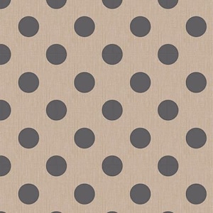 May include: A repeating pattern of large, dark gray polka dots on a tan fabric background. The dots are evenly spaced and create a simple, yet bold design. The fabric has a subtle texture.