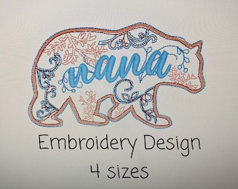 Nana Bear Machine Embroidery Design, 4 sizes with Applique Option, Instant Download