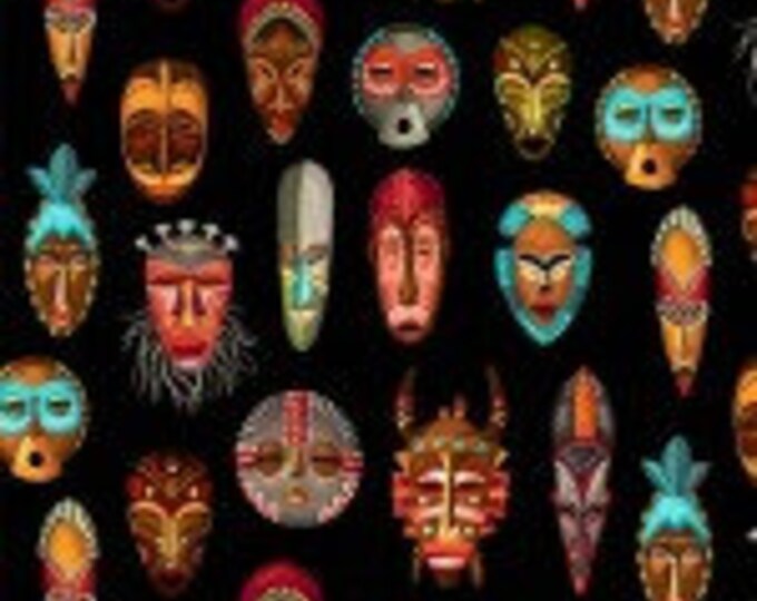Michael Miller | Kenya | X9986-BLACK | Indigenous Masks | 100% Cotton Quilting Fabric | Fat Quarters and Yardage F5