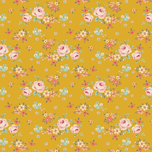 May include: A seamless pattern featuring a repeating design of pink and white roses with green leaves on a mustard yellow background.