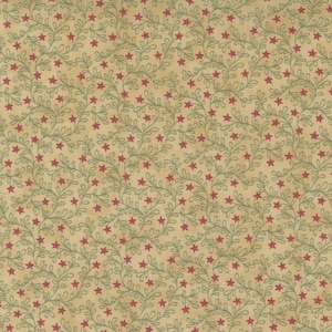 May include: A beige fabric with a repeating pattern of green vines and red stars.