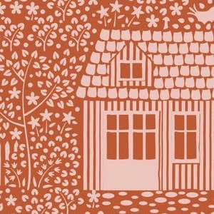 May include: A pink and orange illustration of a house with a striped roof and windows. The house is surrounded by a pattern of flowers and leaves.