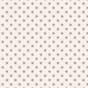 May include: A repeating pattern of gray stars on a cream-colored background. The stars are evenly spaced and arranged in a diagonal grid, creating a textured, all-over design. This pattern is suitable for fabric, wallpaper, or other decorative applications.