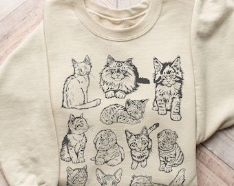 Vintage Cat Sweatshirt, 90s Style Graphic Pullover, Retro Kitten Oversized Crewneck, Boho Cottagecore Cat Lover Gift, Cute Cat Mom Sweater