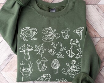 Frog And Mushroom Vintage Style Sweatshirt, Retro Botanical Cottagecore Goblincore Crewneck, Dark Academia Aesthetic Nature, Frog Lover Gift