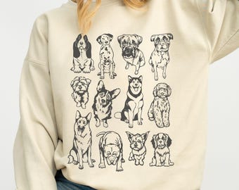 Vintage Dog Breeds Graphic Sweatshirt, Cute Dog Mom Crewneck, Retro Dog Owner Sweater, Gift for Dog Lover Person, Womens Oversized Clothing
