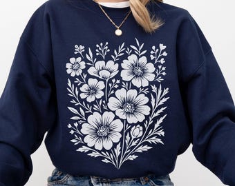 Floral Sweatshirt Botanical Boho Wildflowers Crewneck for Women Gift Flower Graphic Pullover Cozy Cottagecore Nature Sweater Gardening