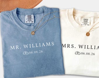 Mr And Mrs Comfort Colors Shirt, Custom Wedding Date Tee, Matching Honeymoon Outfit, Newlywed Couple Gift Tshirt, Just Married Tee Gift