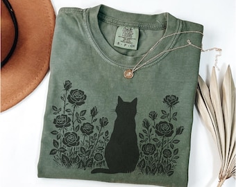 Vintage Comfort Colors Y2k Cat Shirt, Cat Lover Gift, Cute Kitten Tee, Pressed Flowers Tshirt Women, Cottagecore Cat Owner Gift, Rose Black