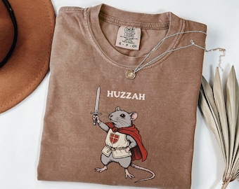 Huzzah Rat with Sword Comfort Colors Shirt Funny Fantasy Lover Gift Vintage Graphic Medieval Knight Tshirt Renaissance Faire Rats Tee