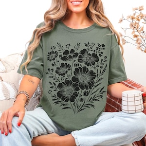 Comfort Colors Vintage Pressed Flowers Shirt, Botanical Floral Tshirt, Wildflowers T Shirt, Boho Cottagecore Tee, Gift for Gardener Moss