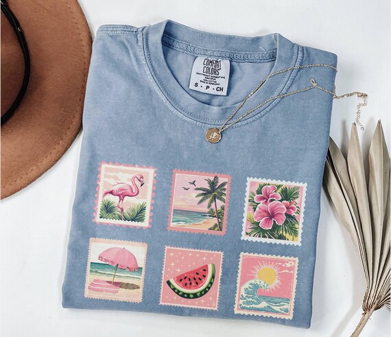 Comfort Colors Summer Shirt, Vintage Postage Stamp T-Shirt, Retro Beach Aesthetic Graphic Tee Women Gift, Unisex Oversized Vacation Tshirt