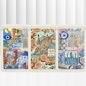 Portafoglio Magsafe alla moda con collage europeo, porta carte magnetico in pelle con motivo spiaggia italiana e Grecia per iPhone 15, iPhone 14, 13 SE Pro Max Plus