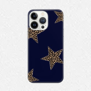 Custodia per telefono con motivo leopardato blu navy e stelle, alla moda, per iPhone 16 Pro, 15, 14, 13, 12, 11, Google Pixel 9 Pro, 8, 7A, Samsung Galaxy S2
