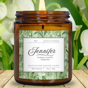 May Birthday Gift Candle, Birth Month Flower Candle – Custom Name Birthday Candle for Women, Lily of the Valley Floral Design