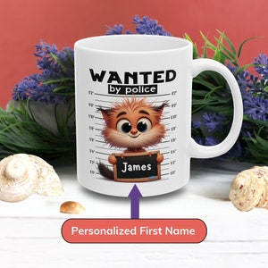 Funny Personalized Cat Mug - Cute Orange Kitty Cat Mugshot Coffee Mug with Custom Name - Fun Coffee Cup for Cat Lovers