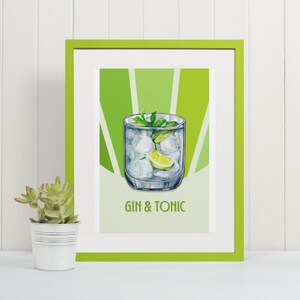 Póster imprimible de cóctel de gin tonic vintage, arte de pared de carrito de bar retro, impresiones de carrito de bar de moda, póster de bebidas espirituosas, decoración de bar para el hogar