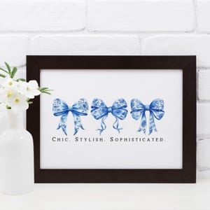 Chinoiserie Printable Wall Art with Blue Floral Bow Design, Elegant Blue Chinoiserie Wall Art and Coquette Room Decor