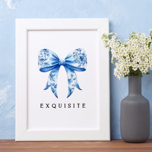 Chinoiserie Printable Wall Art with Blue Floral Bow Design, Exquisite Trendy Art, Digital Download for Coquette Room Décor, Floral Wall Art