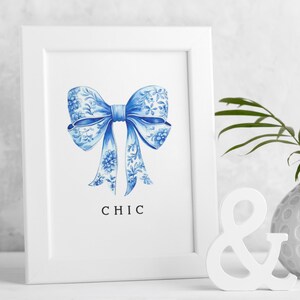 Chinoiserie Printable Wall Art with Blue Floral Bow Design, Chic Trendy Digital Download for Coquette Room Décor