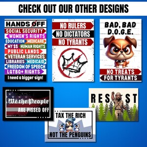 A collection of ten colorful metal signs with political and social messages. The signs feature various designs, including a crown, a dog, a penguin, and a bear. The signs are all rectangular and have white borders.