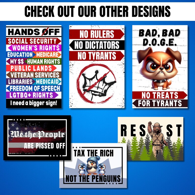 A collection of ten colorful metal signs with political and social messages. The signs feature various designs, including a crown, a dog, a penguin, and a bear. The signs are all rectangular and have white borders.