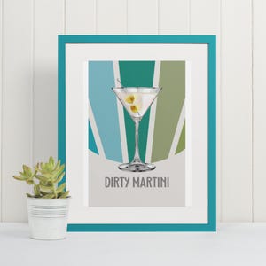 Póster imprimible de cóctel Dirty Martini vintage, arte de pared de carrito de bar retro, impresiones de carrito de bar de moda, póster de bebidas espirituosas, decoración de bar para el hogar