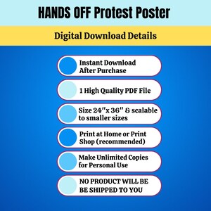 May include: A blue and white graphic with the text "HANDS OFF Protest Poster" and "Digital Download Details". The graphic lists details about the digital download, including instant download, high quality PDF file, size 24" x 36", print at home or print shop, make unlimited copies for personal use, and no product will be shipped to you.