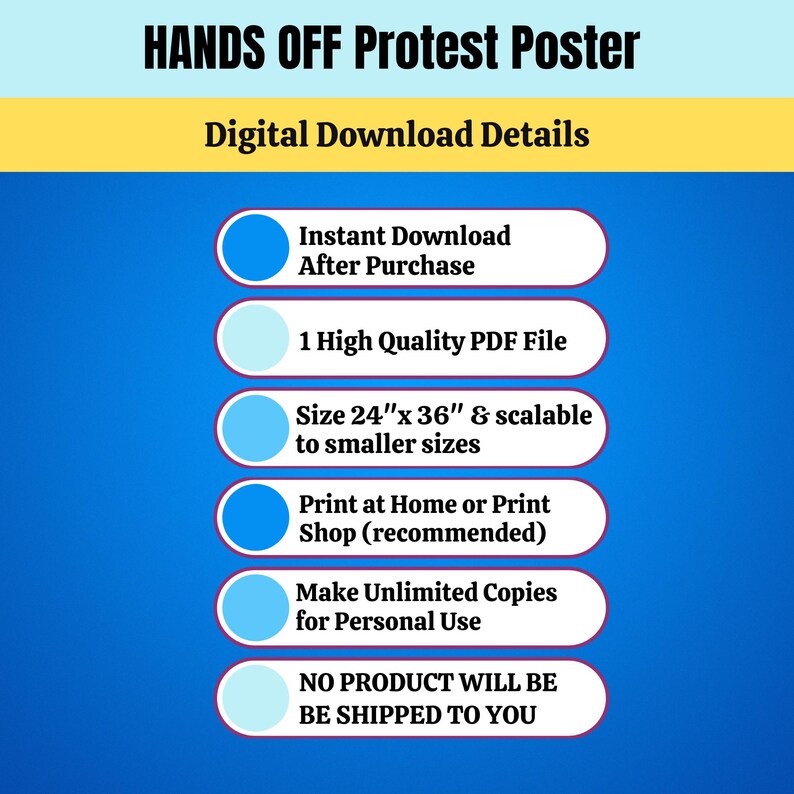May include: A blue and white graphic with the text "HANDS OFF Protest Poster" and "Digital Download Details". The graphic lists details about the digital download, including instant download, high quality PDF file, size 24" x 36", print at home or print shop, make unlimited copies for personal use, and no product will be shipped to you.