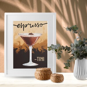 Póster de cóctel de martini espresso, decoración de bar para amantes del café, impresión artística de carrito de bar, arte de pared imprimible