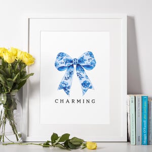Chinoiserie Printable Wall Art with Blue Floral Bow Designs, Charming Digital Download for Coquette Room Décor
