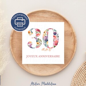 Birthday card, 30 years watercolor flowers, in English and French, digital download to print PDF image 2