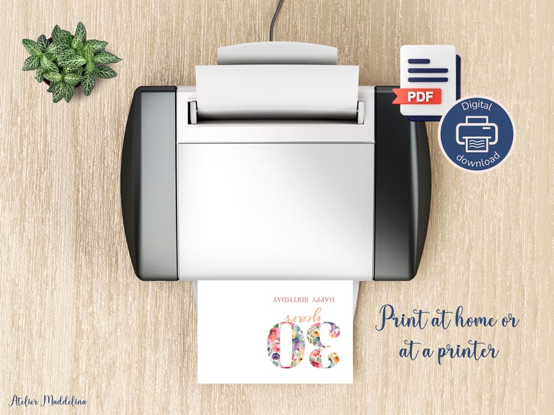 Birthday card, 30 years watercolor flowers, in English and French, digital download to print PDF image 3