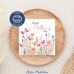 Mother's Day Card, Watercolor Flower Stems Digital Download to Print PDF in English and French